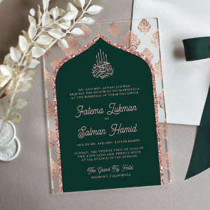 Invitations En Acrylique Arc en Damas Vert Emeraude et Or Rose pour Mariage