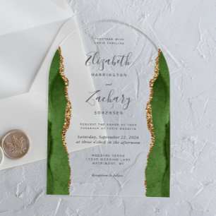 Invitations En Acrylique Arc Mariage moderne Hunter Green Gold Agate
