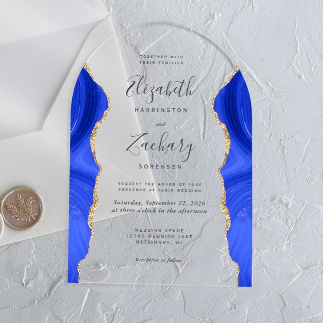 Invitations En Acrylique Arc Mariage moderne Royal Blue Gold Agate (Créateur téléchargé)