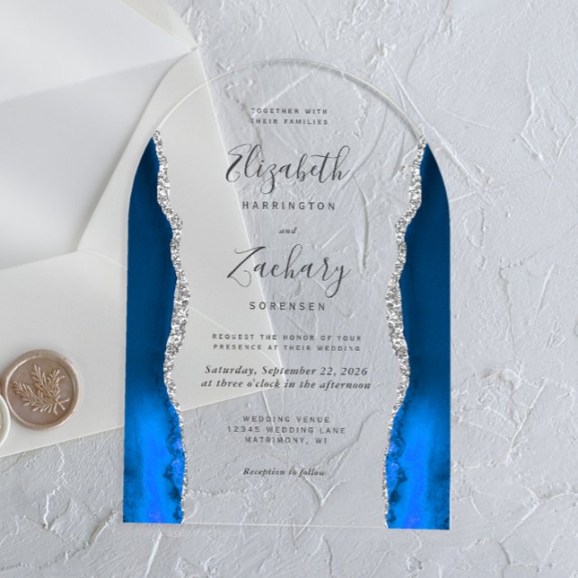 Invitations En Acrylique Arc Mariage moderne Royal Blue Silver Agate (Créateur téléchargé)