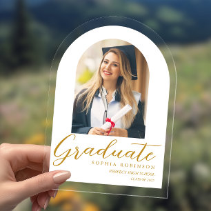 Invitations En Acrylique Arc moderne simple Photo Graduation Or