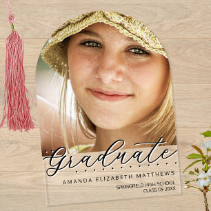 Invitations En Acrylique Arc Photo Fille Noir Et Blanc Script Graduation