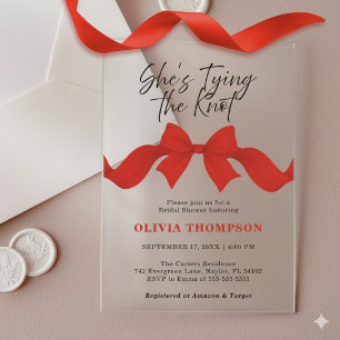 Invitations En Acrylique Arc Rouge Élégant Elle Attache le Nœud Réception d