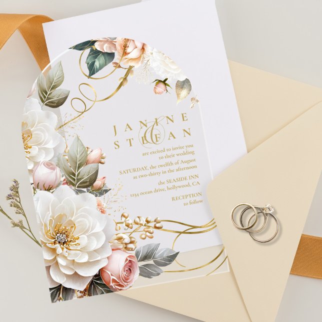 Invitations En Acrylique Arc transparent Mariage de dramatiques florales ID (Créateur téléchargé)