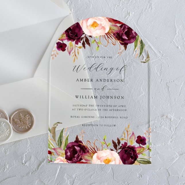Invitations En Acrylique Arch Bourgogne Rouge Floraison Mariage   (Créateur téléchargé)