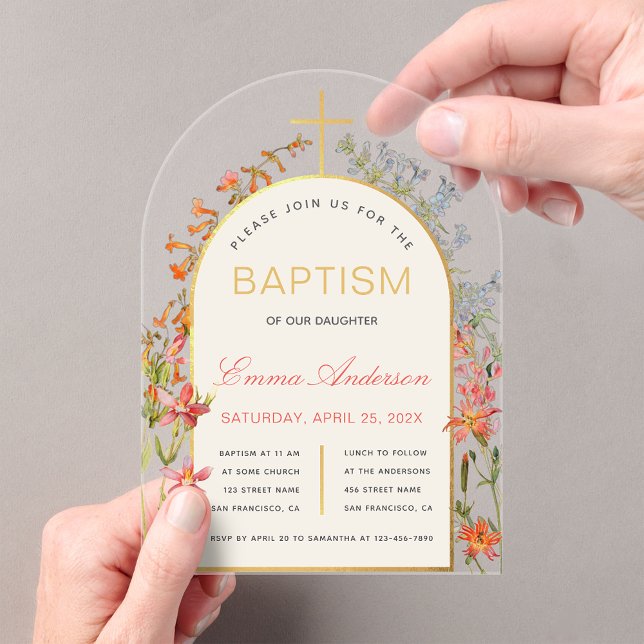 Invitations En Acrylique Arch Girl Baptism Gold Cross & Wildflowers Floral  (Créateur téléchargé)