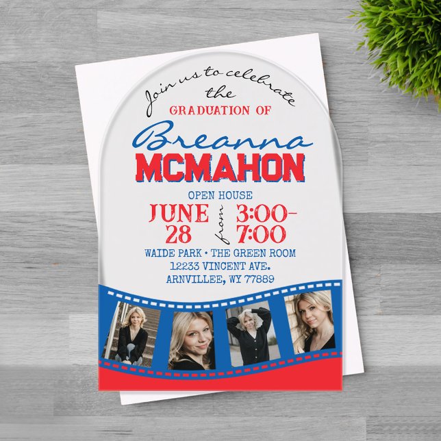 Invitations En Acrylique Arch Graduation Photo Filmstrip Rouge & Bleu Frost (Trendy Unique Arched Red and Blue 4 Photo Filmstrip Graduation Invitation)