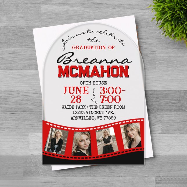 Invitations En Acrylique Arch Graduation Photo Filmstrip Rouge Noir Frosted (Trendy Arched Graduation Photo Filmstrip Red Black Frosted Acrylic Invitations on Grey Wood)