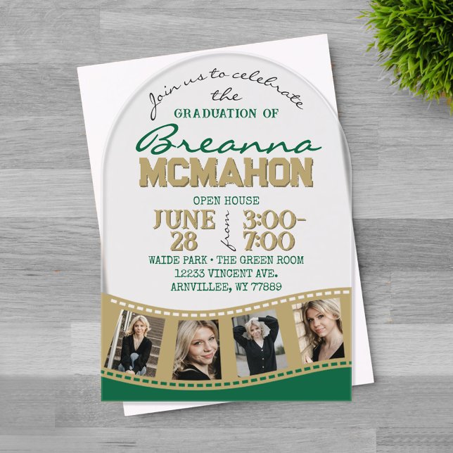 Invitations En Acrylique Arch Graduation Photo Filmstrip Vert & Or (Trendy Unique Arched Bronze Gold and Green 4 Photo Filmstrip Graduation Invitation)