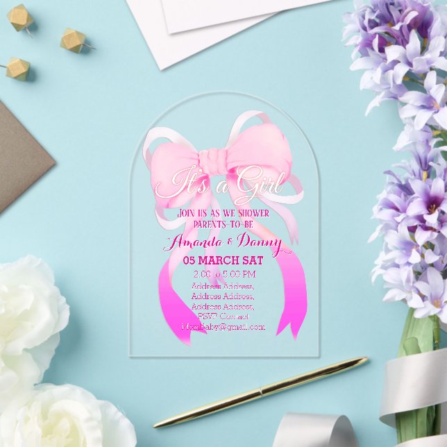 Invitations En Acrylique Arche de Baby shower en ruban rose (Insitu (Mariage))