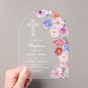 Invitations En Acrylique Arche de baptême élégante à l'aquarelle de fleurs