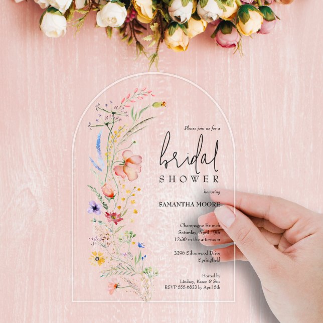 Invitations En Acrylique Arche de Fête des mariées Fleur sauvage chic (Wildflower bridal shower arch-top invitations - choose clear or frosted acrylic)
