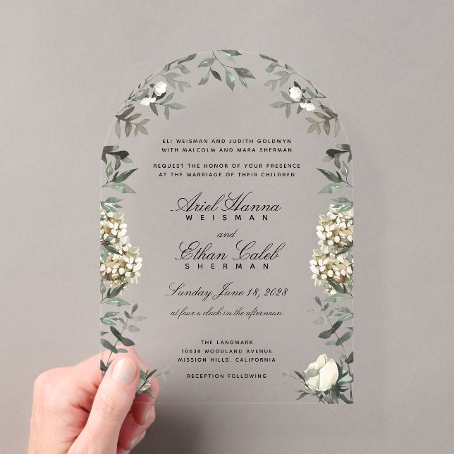Invitations En Acrylique Arche de fleurs blanches et fougères d'eucalyptus  (In situ (ordinateur de poche))