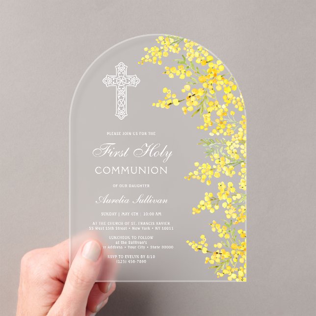 Invitations En Acrylique Arche de fleurs de mimosa pour la première communi (In situ (ordinateur de poche))