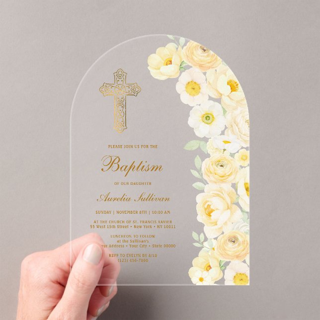 Invitations En Acrylique Arche de fleurs jaunes baptême (In situ (ordinateur de poche))