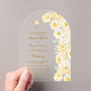 Invitations En Acrylique Arche de fleurs jaunes Mariage religieux