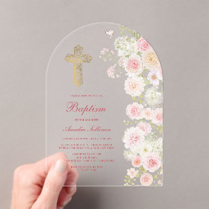 Invitations En Acrylique Arche de fleurs roses et pêche pour baptême