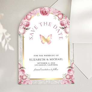 Invitations En Acrylique Arche de fleurs roses papillon mariage à retenir l
