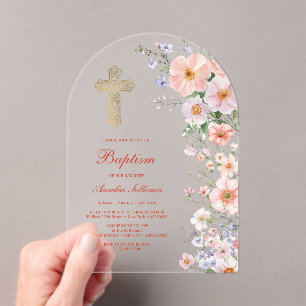 Invitations En Acrylique Arche de fleurs sauvages pastel pour baptême