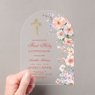 Invitations En Acrylique Arche de fleurs sauvages pastel pour première comm