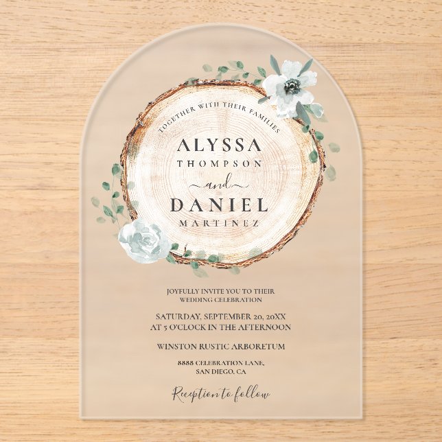 Invitations En Acrylique Arche de mariage florale en tranches de bois rusti (Recto)