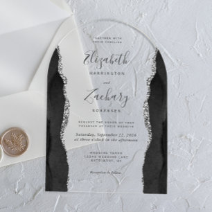 Invitations En Acrylique Arche de mariage moderne en agate noire et argent