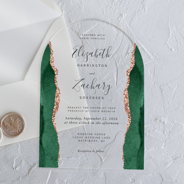 Invitations En Acrylique Arche de mariage moderne en agate verte émeraude e (Créateur téléchargé)