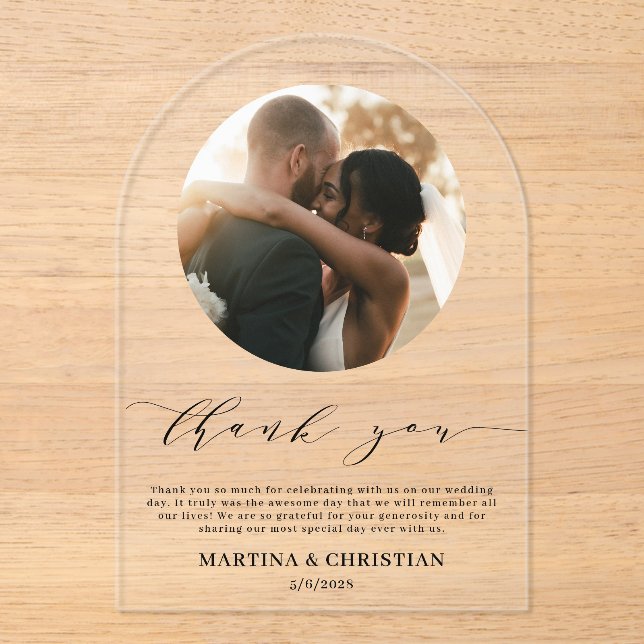 Invitations En Acrylique Arche de Merci Mariage de script photo (Recto)