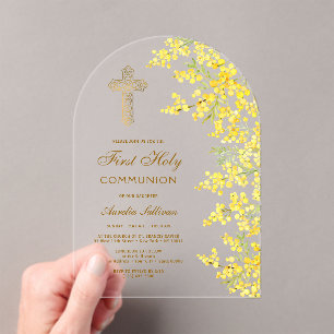 Invitations En Acrylique Arche de mimosa aquarelle Première communion