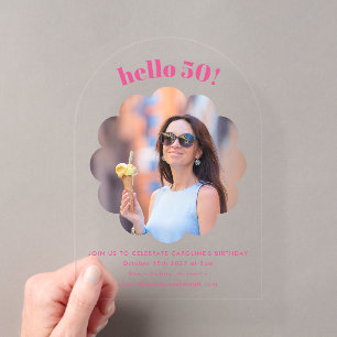 Invitations En Acrylique Arche de photo de fête d'anniversaire 50 ans rose