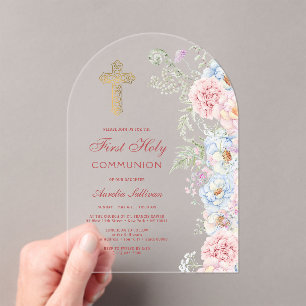 Invitations En Acrylique Arche de pivoines pastel pour la première communio