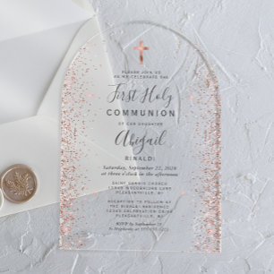 Invitations En Acrylique Arche de Première Communion en paillettes de rose 