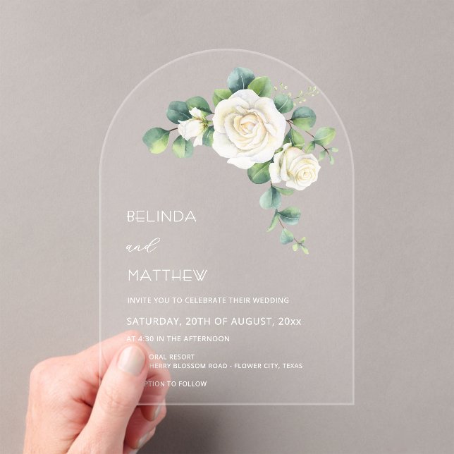 Invitations En Acrylique Arche floral de roses blanches transparent (In situ (ordinateur de poche))