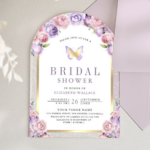 Invitations En Acrylique Arche florale rose lavande Papillon Shower de mari