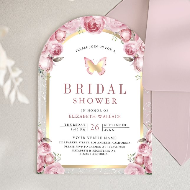 Invitations En Acrylique Arche florale rose rose mariage papillon (Créateur téléchargé)