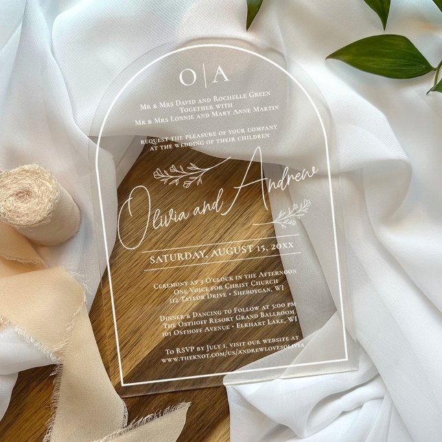 Invitations En Acrylique Arche Mariage botanique simple et élégante (Simple monogram all white floral botanical modern monochrome script acrylic arch wedding invitation)