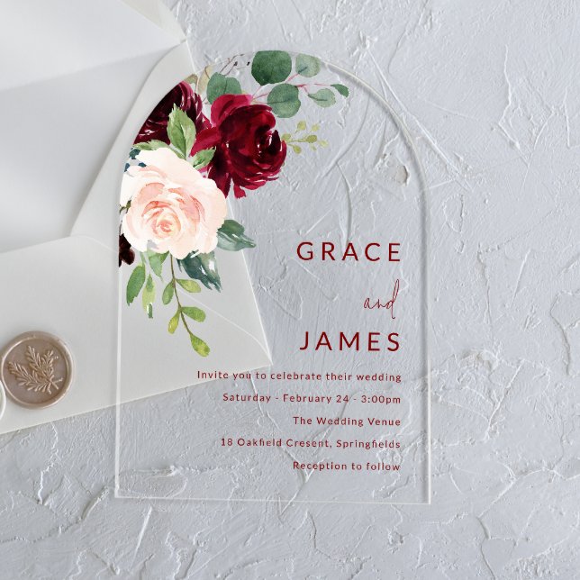 Invitations En Acrylique Arche Mariage moderne Bourgogne et Blush (Créateur téléchargé)