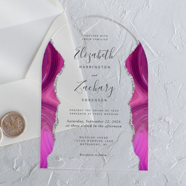 Invitations En Acrylique Arche Mariage moderne Magenta Argent Agate (Créateur téléchargé)