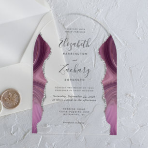Invitations En Acrylique Arche Mariage moderne Mauve Argent Agate