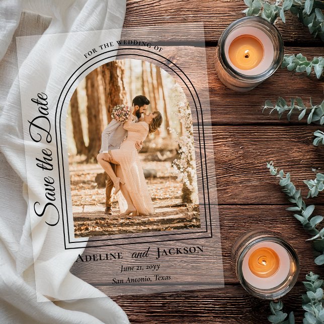 Invitations En Acrylique Arched Photo Elegant Script Save the Date (Arched Photo Elegant Script "Save the Date" Acrylic Announcement - Black Text and Accents)