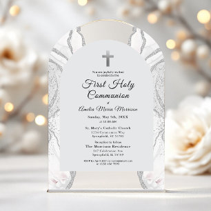 Invitations En Acrylique Argent Blanc Agate Première Sainte Communion Fille