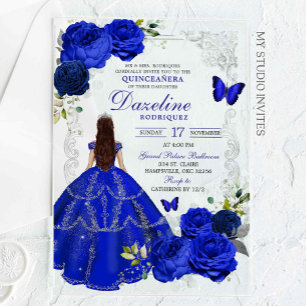 Invitations En Acrylique Argent et Royal Blue Princess Quinceañera