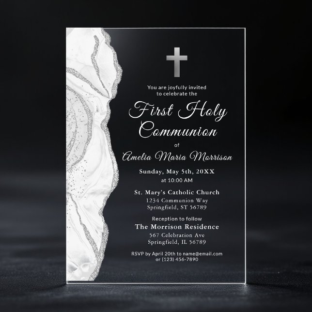 Invitations En Acrylique Argent gris blanc Agate Première Sainte Communion  (Créateur téléchargé)