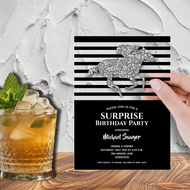 Invitations En Acrylique Argent Hippocampe noir blanc rayures Anniversaire (Silver faux glitter racehorse surprise birthday acrylic invitations - order clear or frosted)