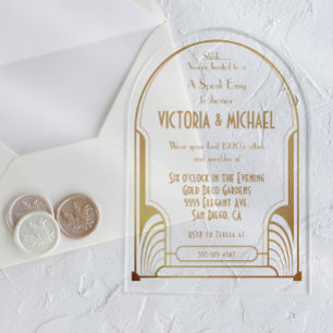Invitations En Acrylique Art Deco Nouveau Speak Easy Fête Or et Noir