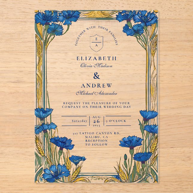Invitations En Acrylique Art Nouveau Mariage de Cornflower Bleu (Recto)