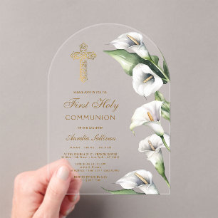 Invitations En Acrylique Arum Fleuris pour Première Communion