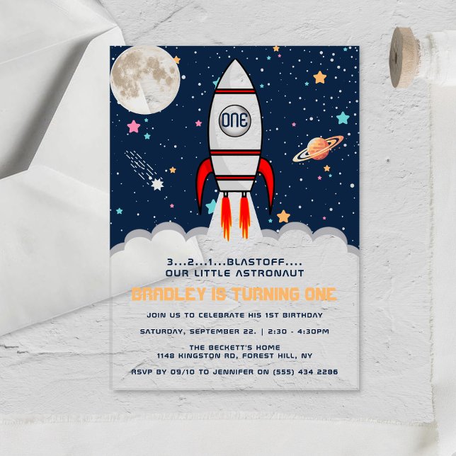 Invitations En Acrylique Astronaut Rocket Espace extra-atmosphérique 1er an (Créateur téléchargé)