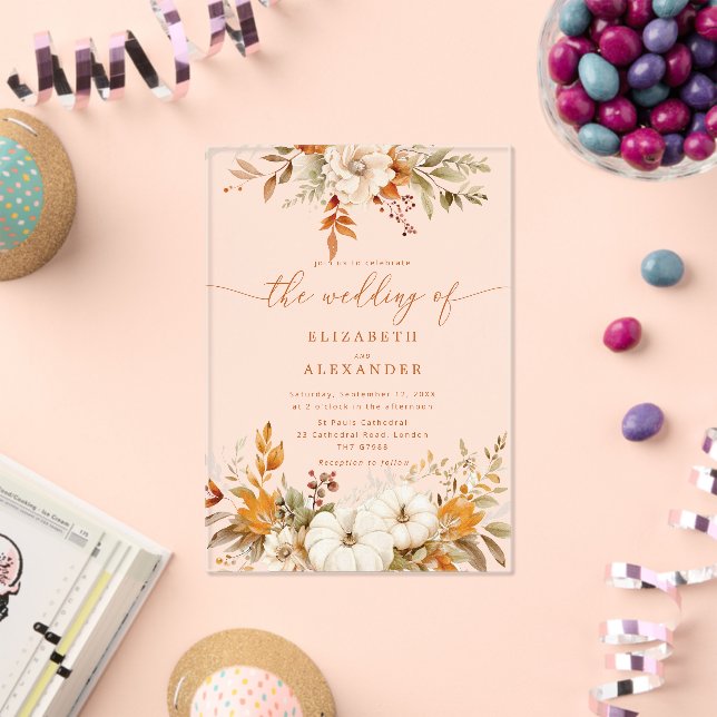 Invitations En Acrylique Automne terre cuite fleurie mariage élégant (Insitu (Célébration))