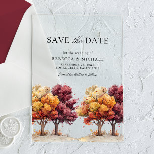 Invitations En Acrylique Automne Tomber Bourgogne Arbres Mariage Sauvegarde